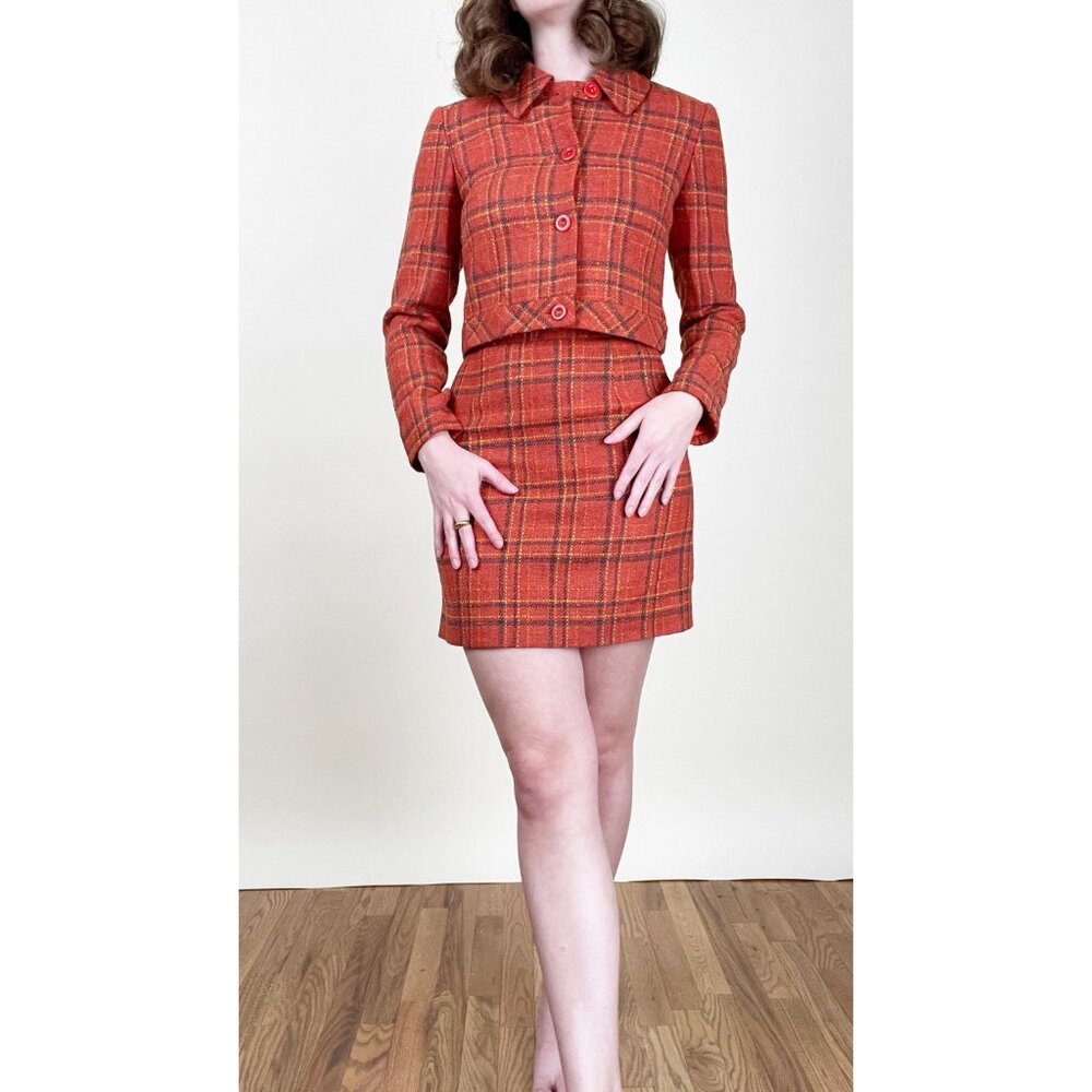 Vintage Matching Set Plaid Wool Mini Skirt Cropped Blazer Jacket Coat Clueless - Picture 5 of 9